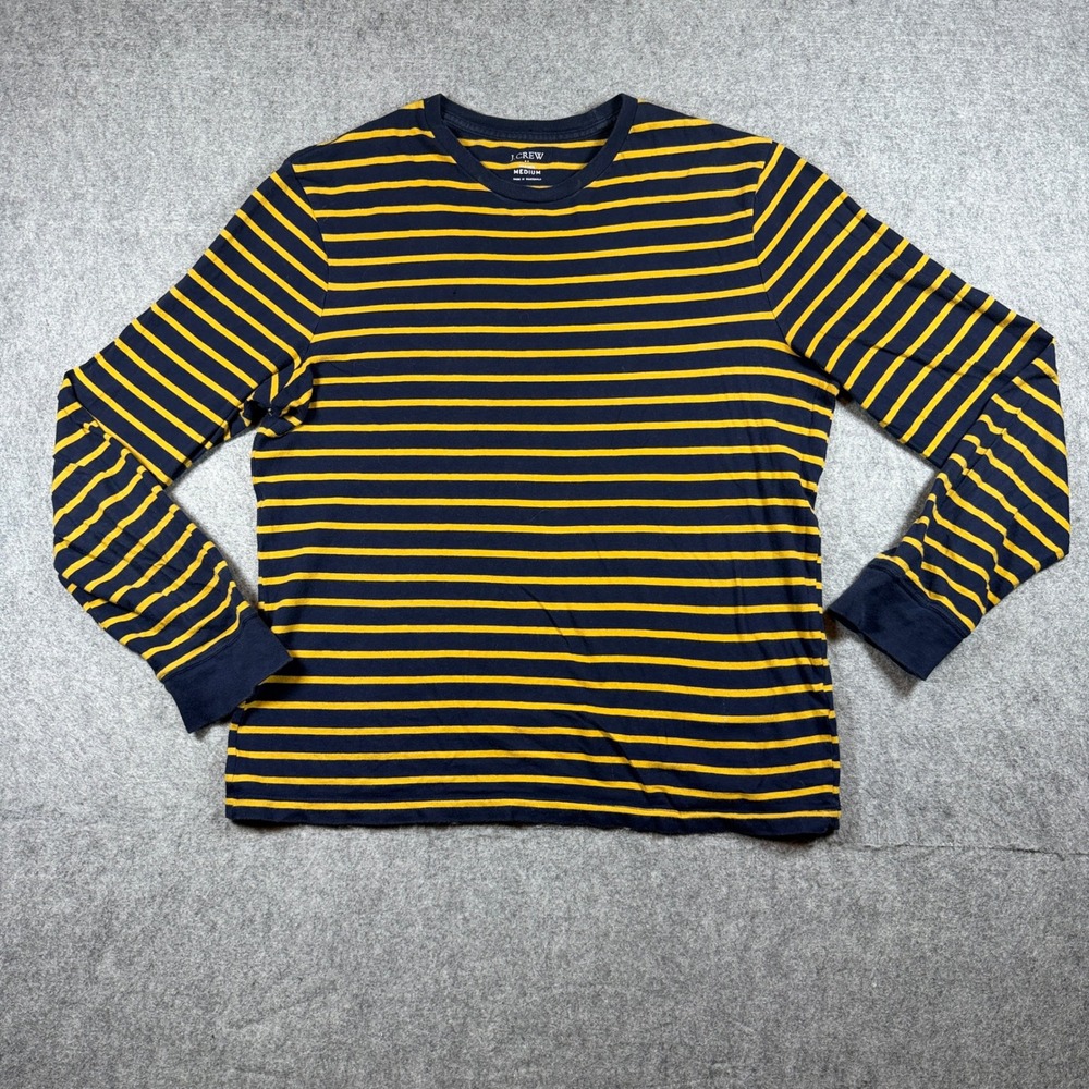 J.Crew Mens Washed Long Sleeve T Shirt Medium Navy Yellow Striped Cotton